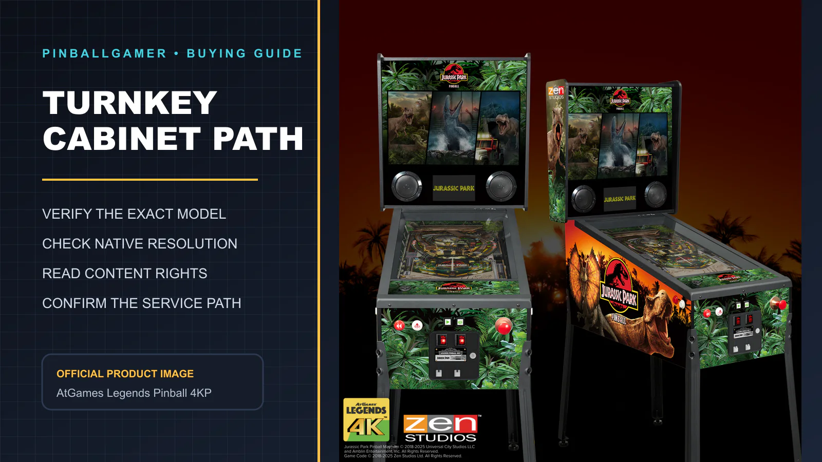 Official AtGames Legends Pinball 4KP Jurassic Park cabinet image beside a four-point buying checklist