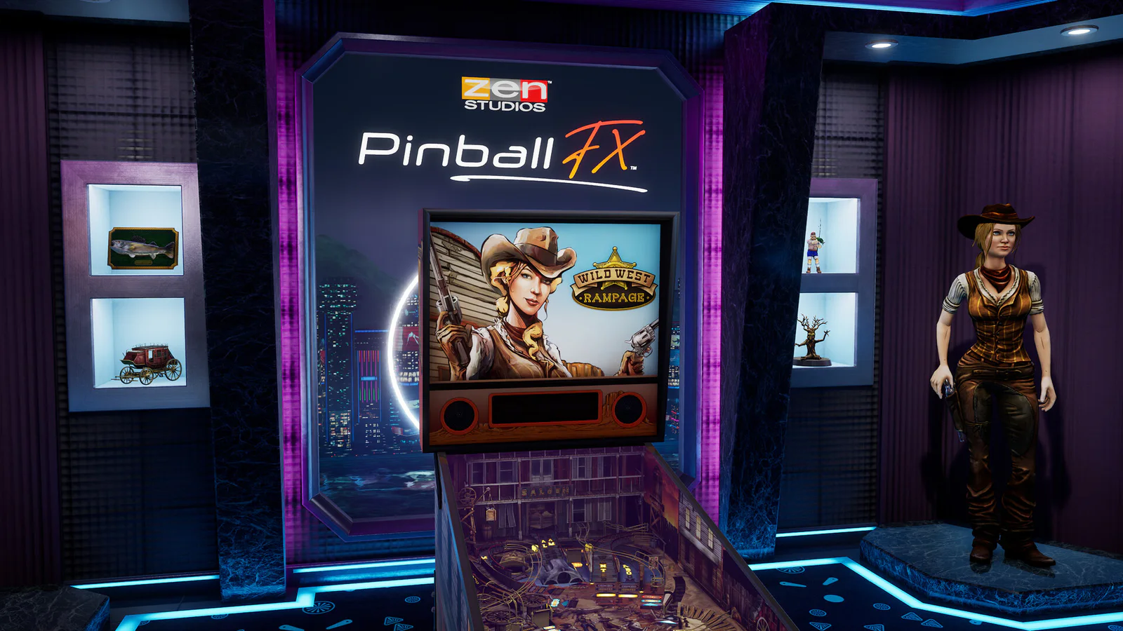 Official Pinball FX screenshot showing the Wild West Rampage table inside the digital playroom